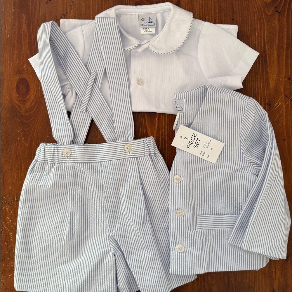 Florence Eiseman Light Blue and White Striped Seersucker 3-Piece Set 2T New